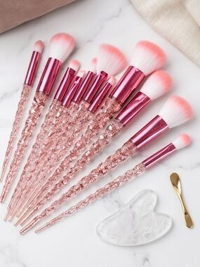 10pc Pink Glitter Unicorn Makeup Brush Set Sparkly Crystal Handles New